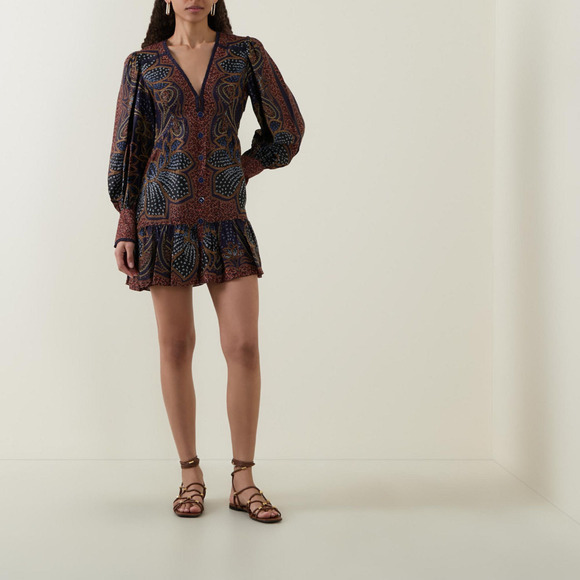 FARM RIO Floral Glam Mini Dress NWT Small Blue Paisley Boho Long Sleeve Deep V - Picture 3 of 11